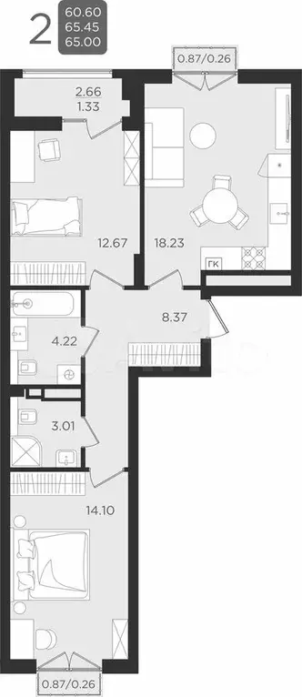 2-к. квартира, 65 м, 9/9 эт. - Фото 1