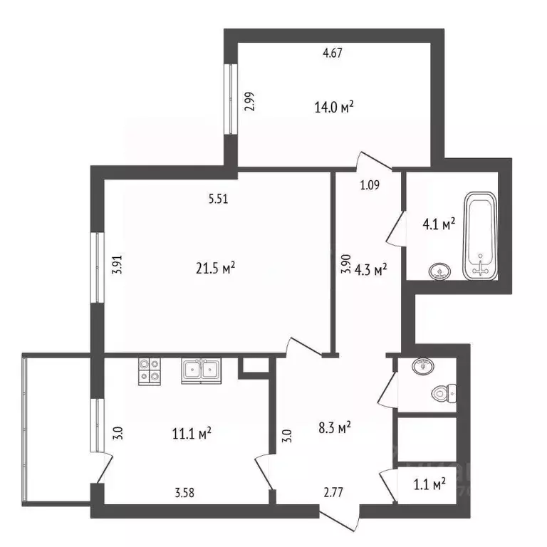 2-к кв. Ямало-Ненецкий АО, Новый Уренгой Оптимистов мкр, 2/2 (68.4 м) - Фото 1