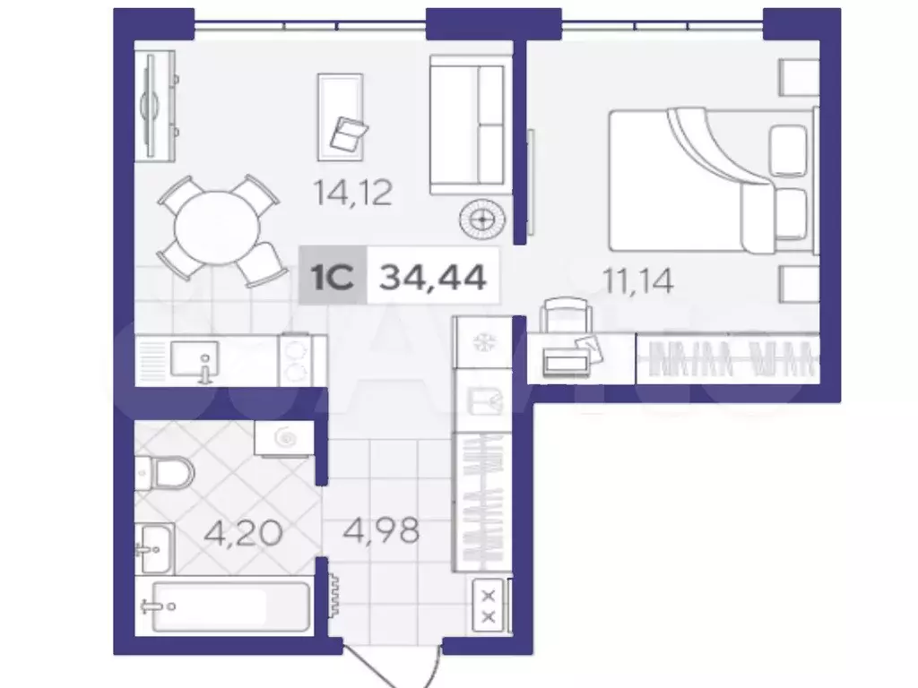 1-к. квартира, 34,4 м, 2/4 эт. - Фото 1