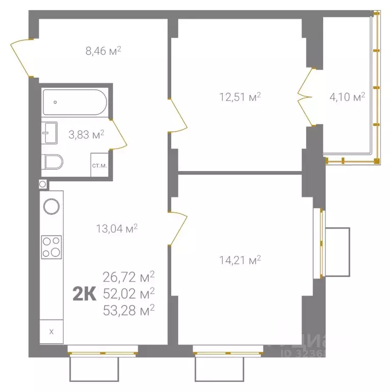2-к кв. Нижегородская область, Нижний Новгород Ветеринарная ул. (53.28 ... - Фото 2