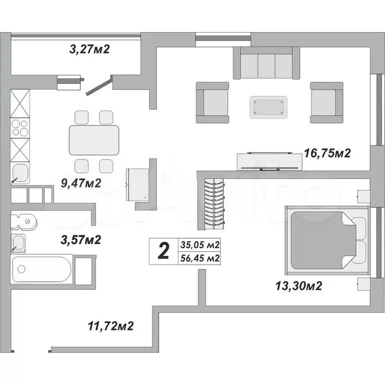 2-к. квартира, 57 м, 14/25 эт. - Фото 0