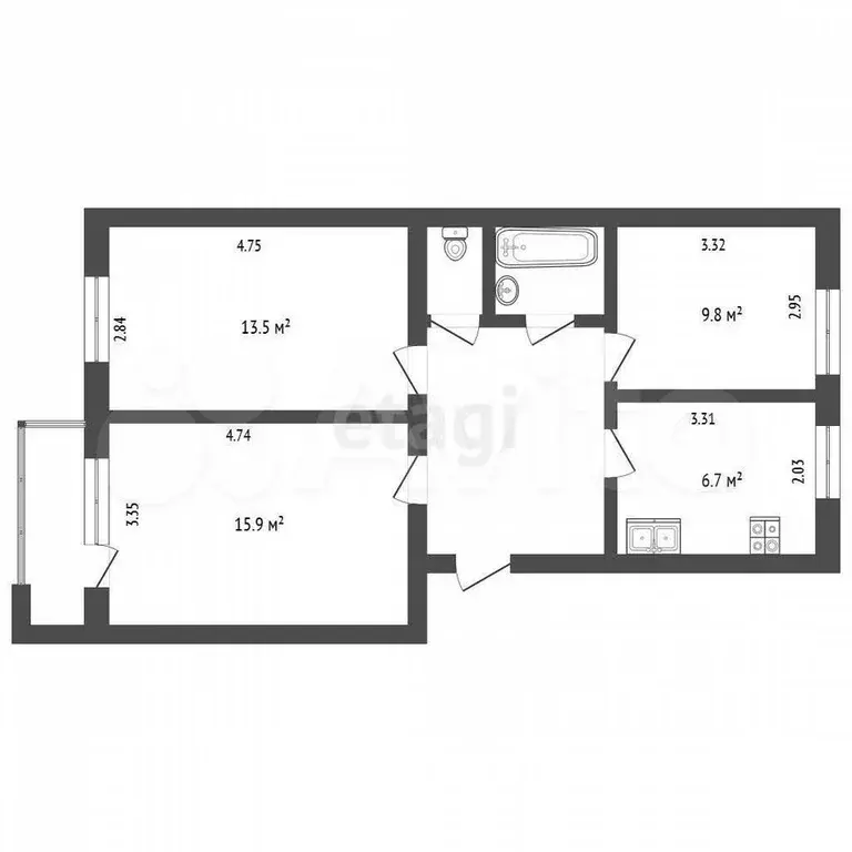 3-к. квартира, 60 м, 3/5 эт. - Фото 0