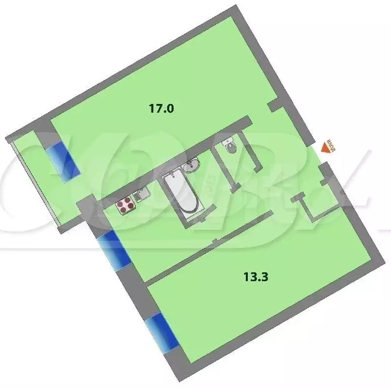 2-к. квартира, 45,6 м, 5/5 эт. - Фото 0