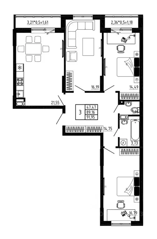 3-к кв. Воронежская область, Воронеж Нижняя ул., 32 (91.95 м) - Фото 1