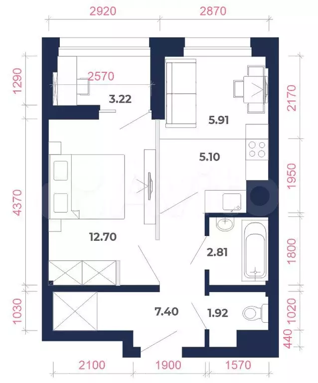 2-к. квартира, 39,1м, 5/9эт. - Фото 1