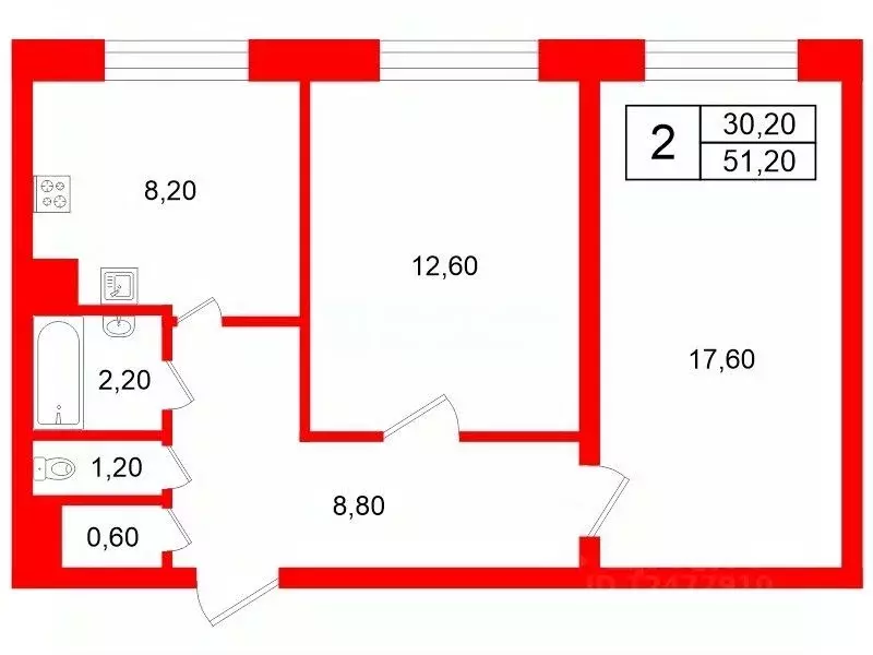 2-к кв. Санкт-Петербург ул. Передовиков, 37 (51.2 м) - Фото 1