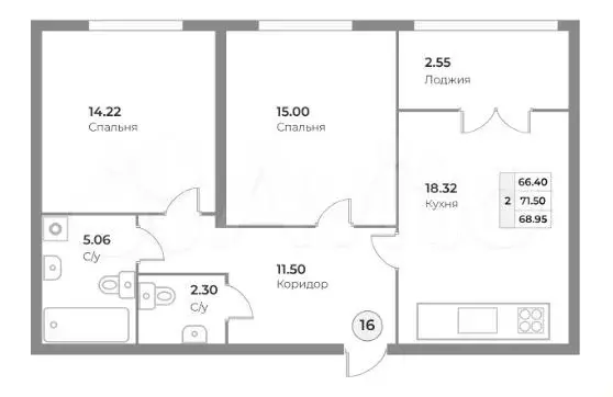 2-к. квартира, 69 м, 4/4 эт. - Фото 1