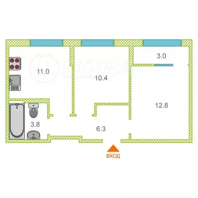 2-комнатная квартира: Тюмень, улица Новосёлов, 107 (54.7 м) - Фото 1