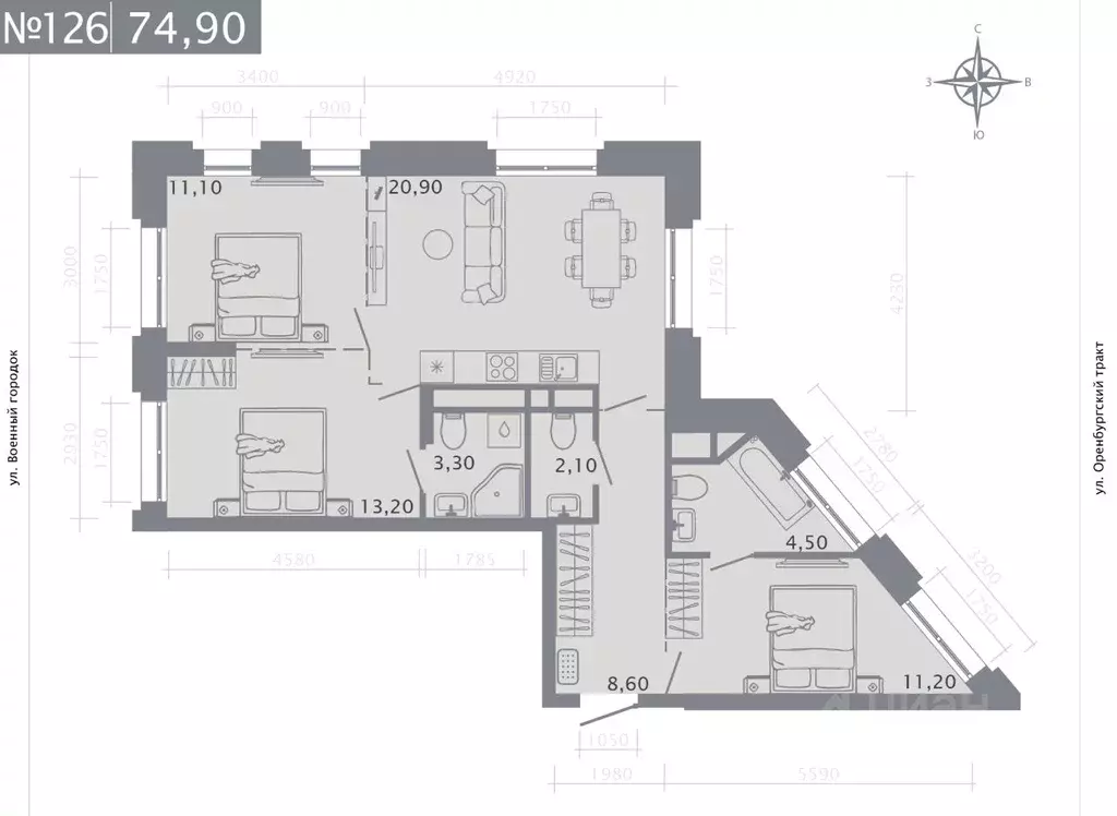 3-к кв. Татарстан, Казань ул. Шишкина (74.9 м) - Фото 1