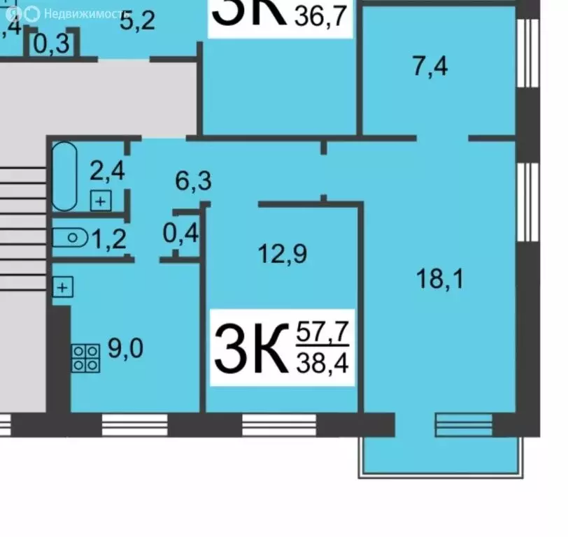 3-комнатная квартира: Нижний Новгород, улица Маршала Жукова, 2 (57.6 ... - Фото 1