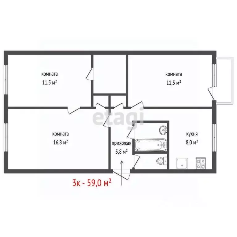 3-к кв. Свердловская область, Екатеринбург ул. Белоярская, 14 (59.0 м) - Фото 2