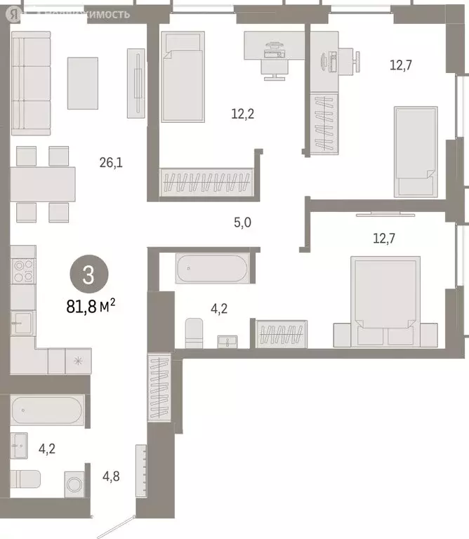 3-комнатная квартира: Новосибирск, Большевистская улица, 66 (81.82 м) - Фото 2