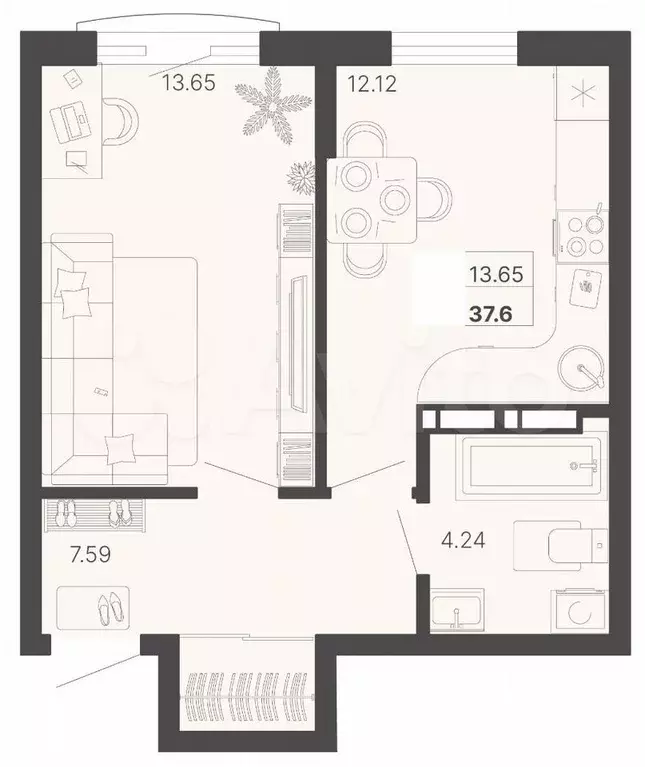 2-к. квартира, 37,6 м, 16/19 эт. - Фото 1