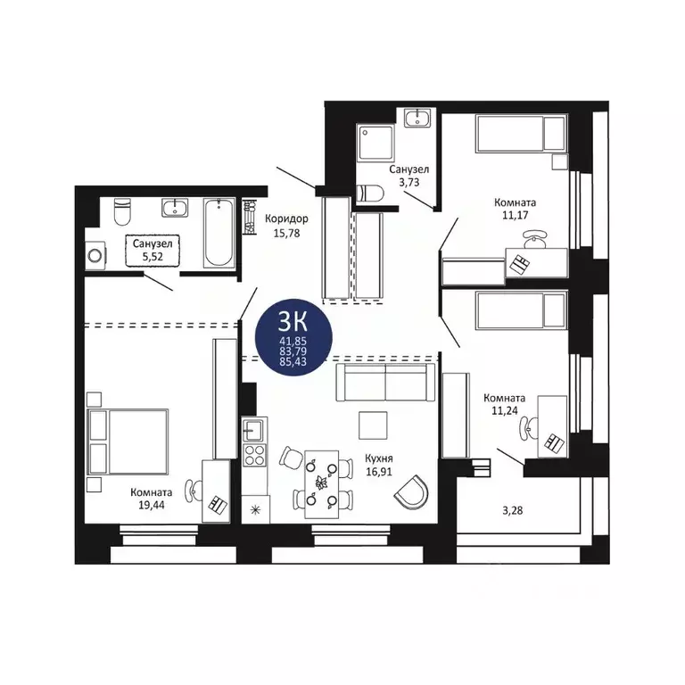 3-к кв. Новосибирская область, Новосибирск 1-й на Рябиновой жилой ... - Фото 1