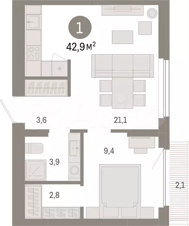 1-к. квартира, 42,9 м, 3/12 эт. - Фото 1