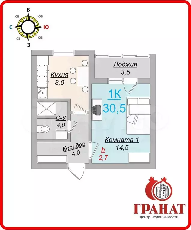 1-к. квартира, 30,5 м, 1/3 эт. - Фото 0