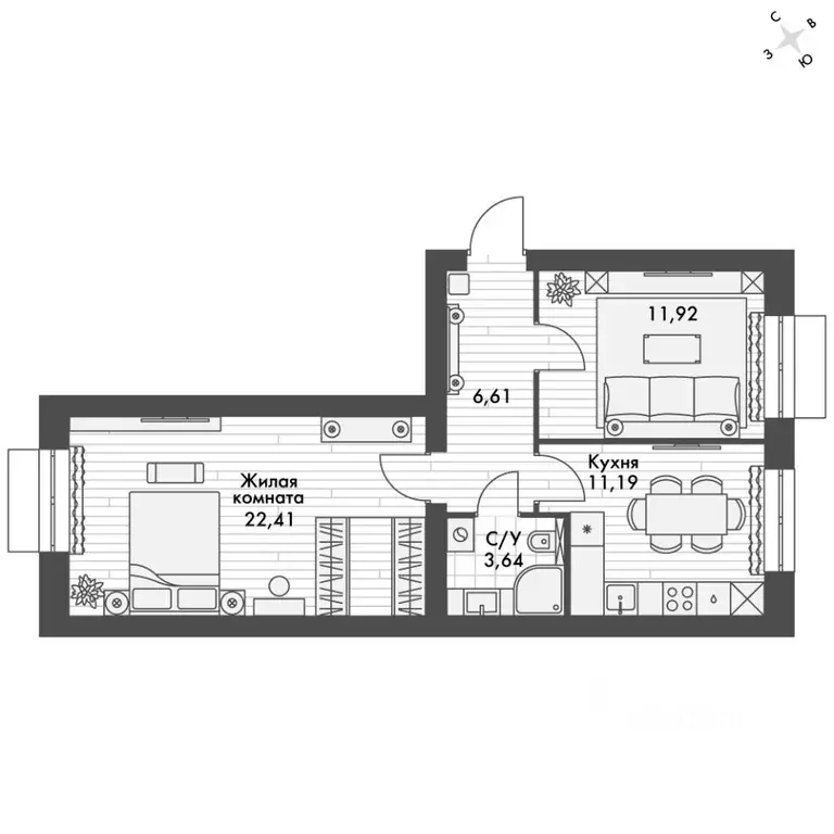 2-к кв. Татарстан, Зеленодольский район, Октябрьское с/пос, пос. ... - Фото 2