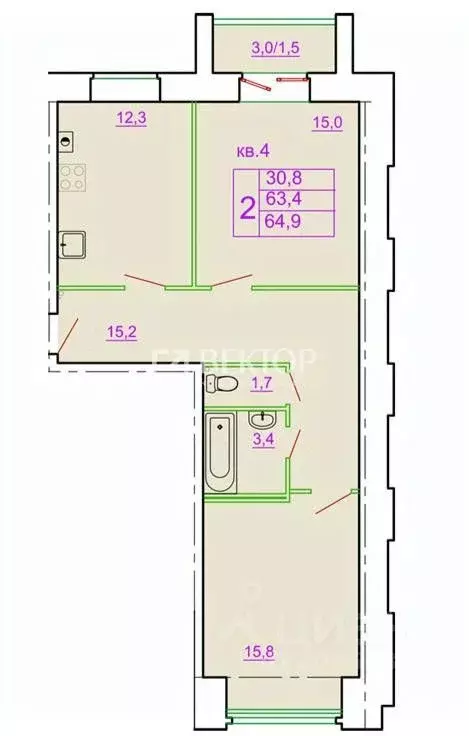 2-к кв. Костромская область, Кострома ул. Ткачей, 5 (65.0 м) - Фото 2