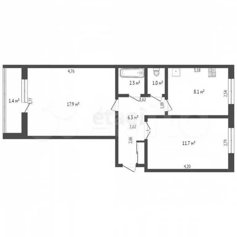 2-к. квартира, 48,3 м, 4/9 эт. - Фото 1