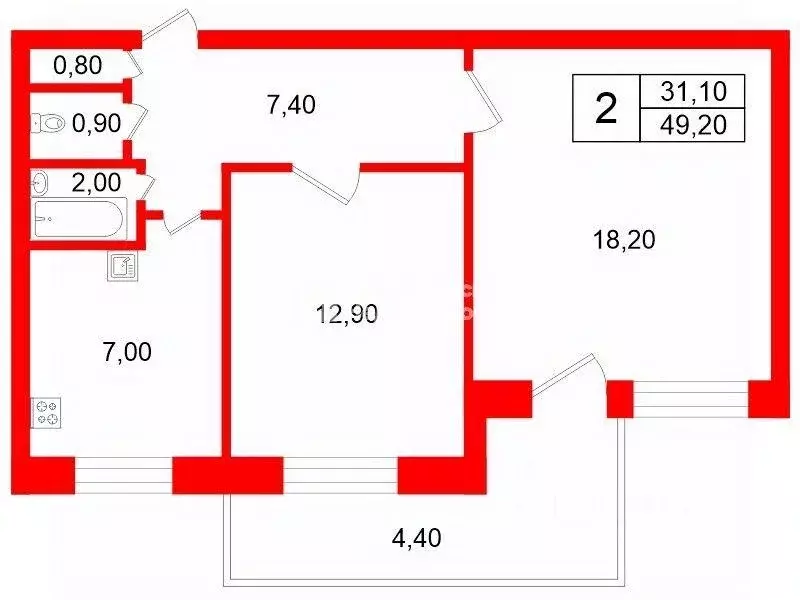 Квартира, 2 комнаты, 49.2 м - Фото 1