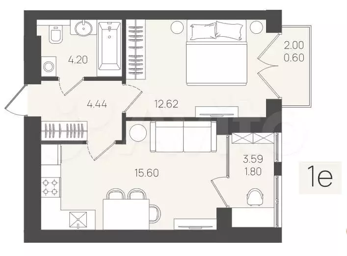 1-к. квартира, 38,7 м, 5/5 эт. - Фото 1
