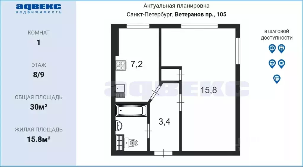 1-к кв. Санкт-Петербург просп. Ветеранов, 105 (30.0 м) - Фото 1