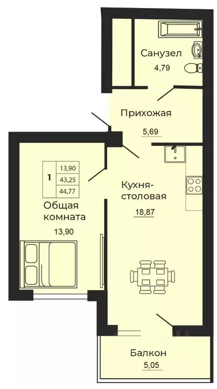 1-к кв. Ростовская область, Батайск  (44.77 м) - Фото 0