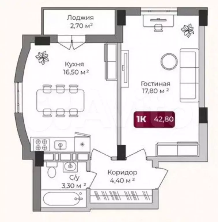 1-к. квартира, 42,8 м, 5/10 эт. - Фото 0