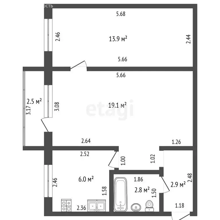 2-комнатная квартира: Стерлитамак, улица Худайбердина, 140 (44.7 м) - Фото 1