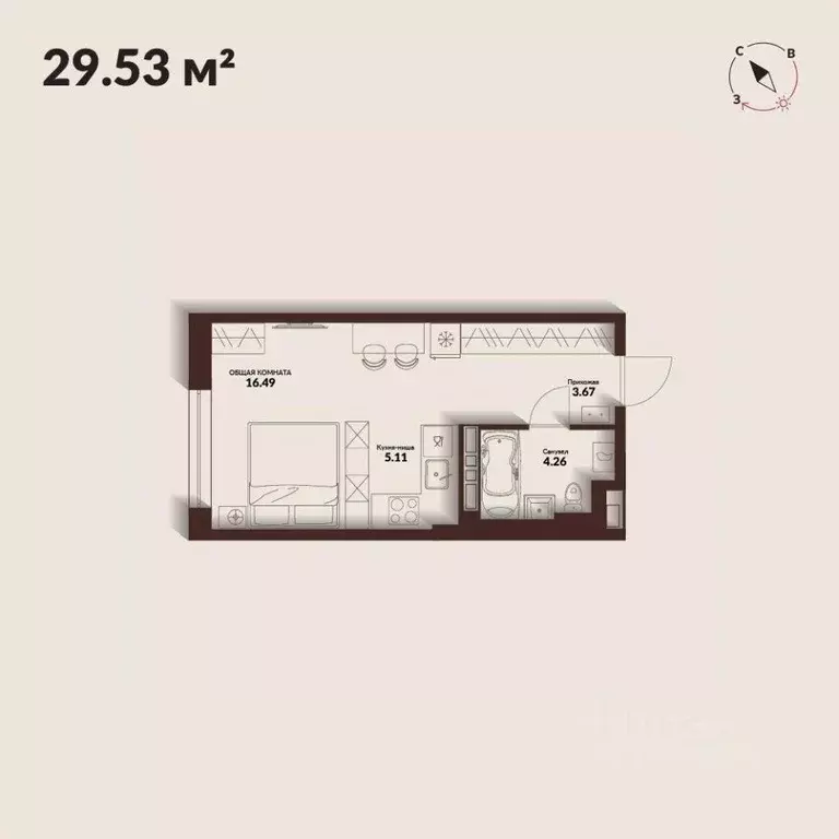 Студия Приморский край, Владивосток Каскада жилой комплекс (29.53 м) - Фото 1