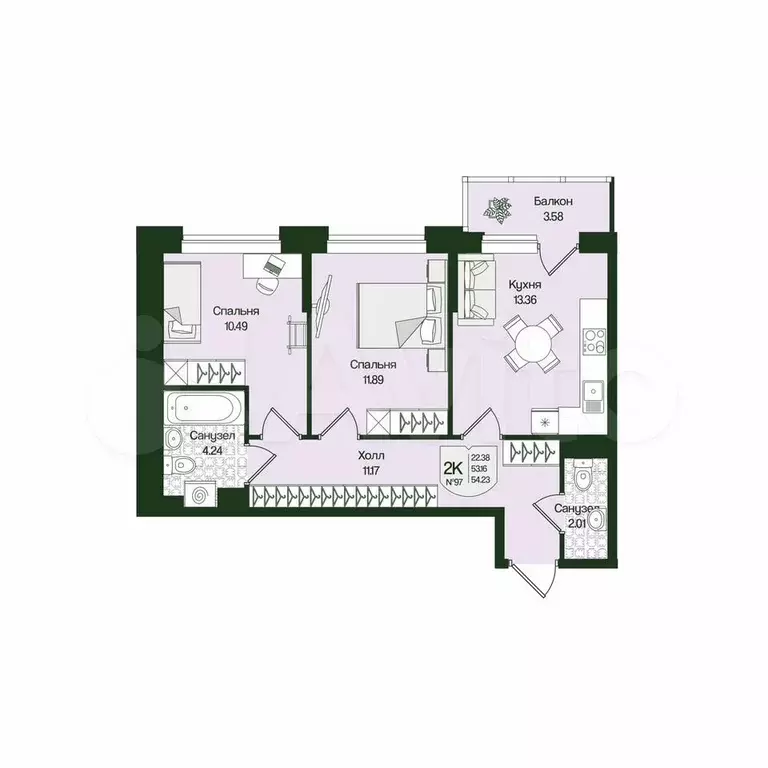 2-к. квартира, 54,2 м, 3/4 эт. - Фото 0