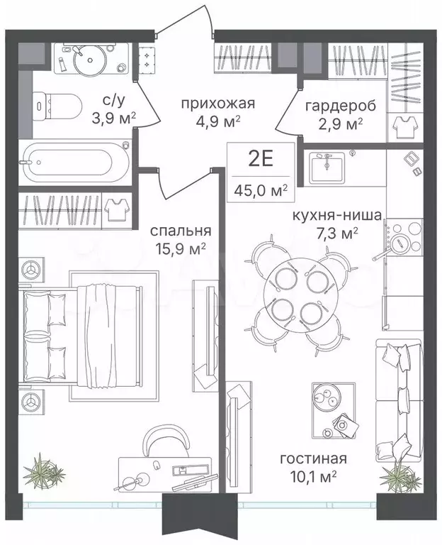 1-к. квартира, 45 м, 2/24 эт. - Фото 0