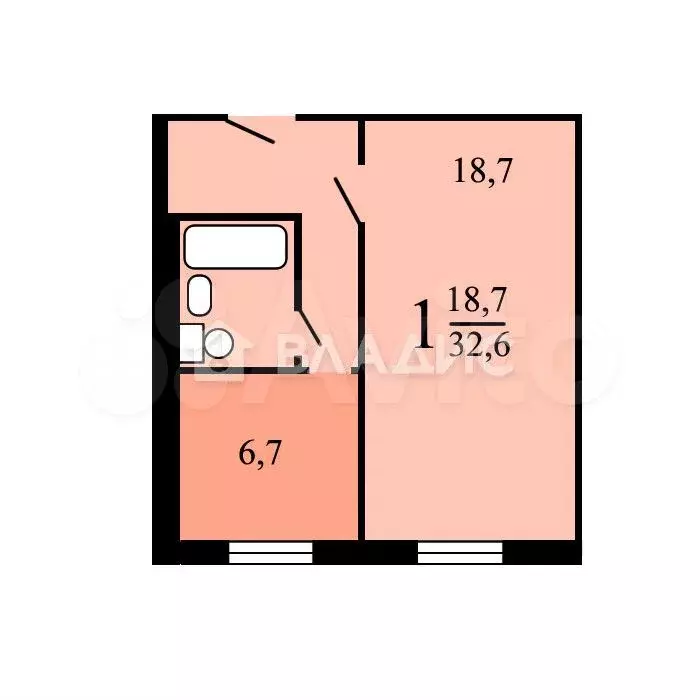 1-к. квартира, 32,6 м, 7/9 эт. - Фото 0