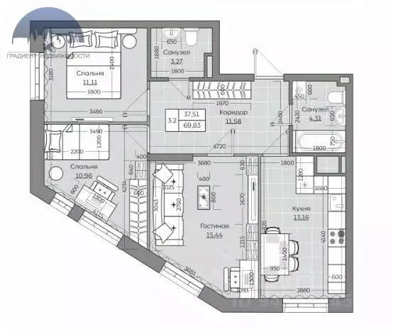 3-к кв. Татарстан, Казань Сказочный лес жилой комплекс, 4.1 (69.07 м) - Фото 2