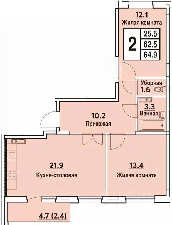 2-к кв. Чувашия, Чебоксары ул. Радужная, 15 (64.9 м) - Фото 0