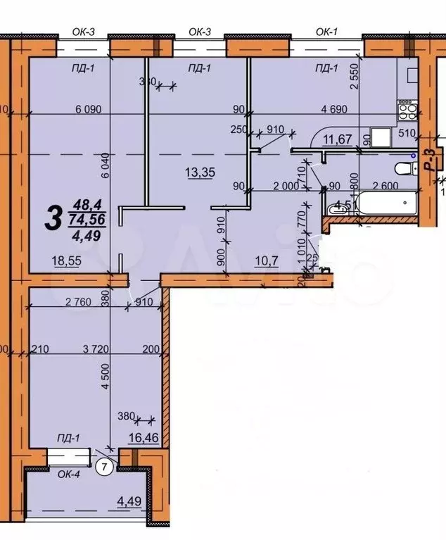 3-к. квартира, 75,6 м, 4/5 эт. - Фото 0