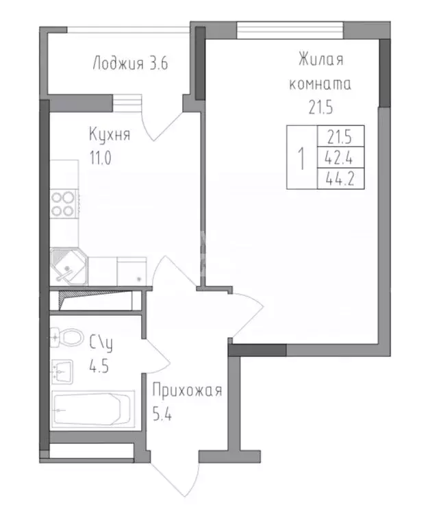 1-комнатная квартира: Липецк, ЖК Поколение (44.2 м) - Фото 1