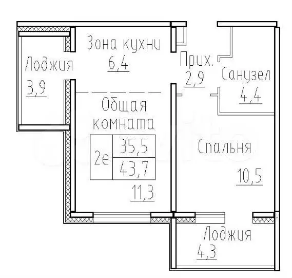 2-к. квартира, 43,7 м, 4/8 эт. - Фото 0