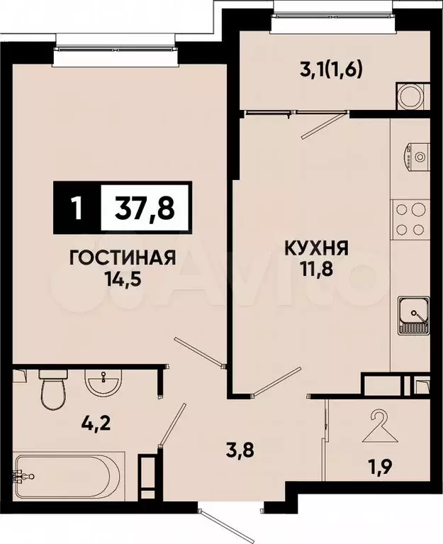 1-к. квартира, 37,8 м, 12/14 эт. - Фото 0