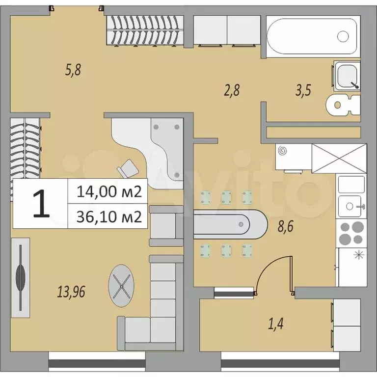 1-к. квартира, 36,1 м, 12/24 эт. - Фото 1