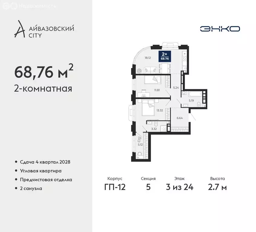 2-комнатная квартира: Тюмень, ЖК Айвазовский Сити (68.76 м) - Фото 1