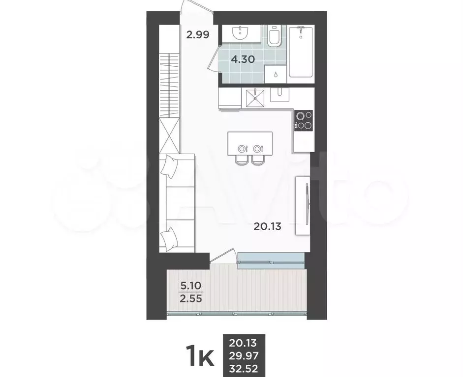 Квартира-студия, 30 м, 6/9 эт. - Фото 1