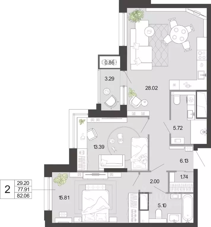2-к кв. Тульская область, Тула ул. Фридриха Энгельса, 74 (82.06 м) - Фото 1