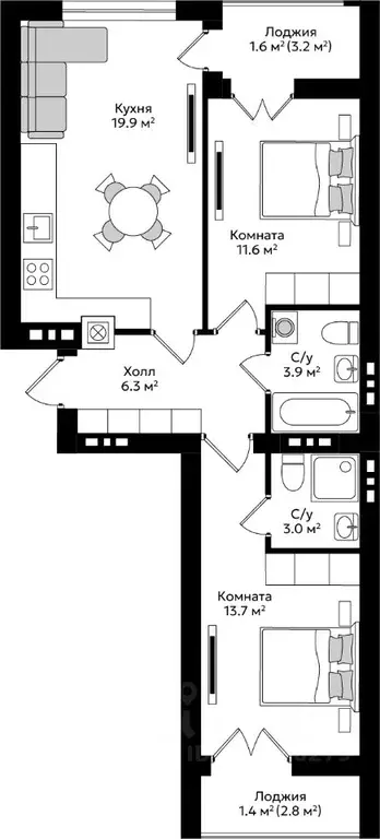 2-к кв. Калининградская область, Гурьевск Пражский жилой комплекс ... - Фото 1