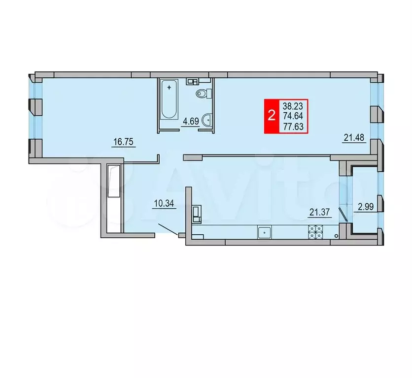 2-к. квартира, 77,6 м, 5/8 эт. - Фото 0