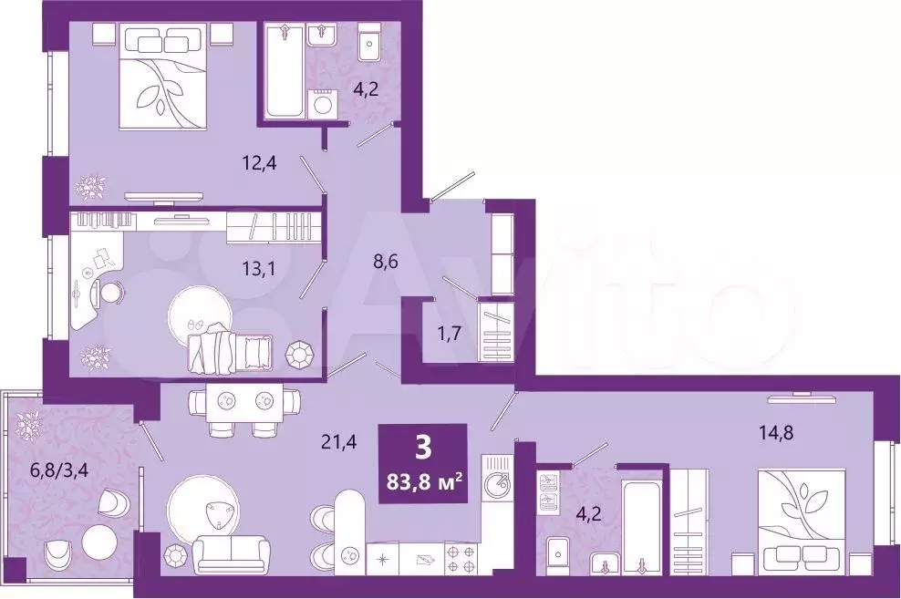 3-к. квартира, 85м, 2/4эт. - Фото 1