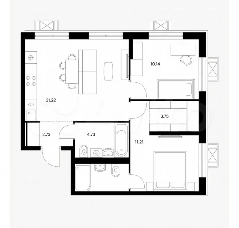 2-к. квартира, 54 м, 1/9 эт. - Фото 0