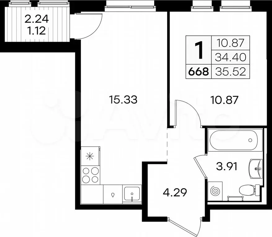 1-к. квартира, 35,5 м, 6/9 эт. - Фото 0