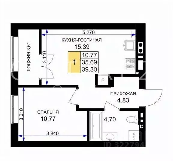 1-к кв. Калининградская область, Гурьевск бул. Пражский, 16 (39.3 м) - Фото 2