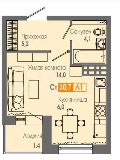 1-к. квартира, 30,7м, 2/16эт. - Фото 0